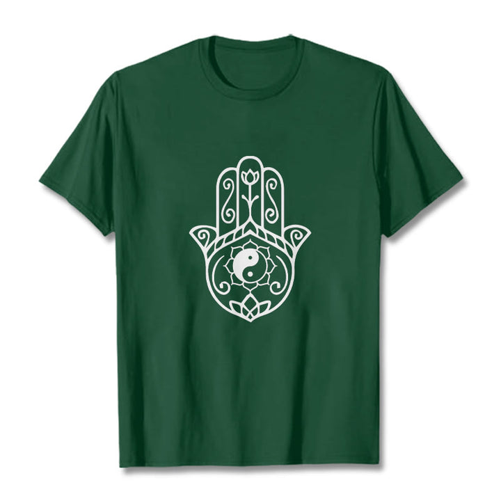 Maglietta in cotone con motivo Yin Yang e mano di Hamsa con Buddha Stones - Verde foresta - 2XL - image 1