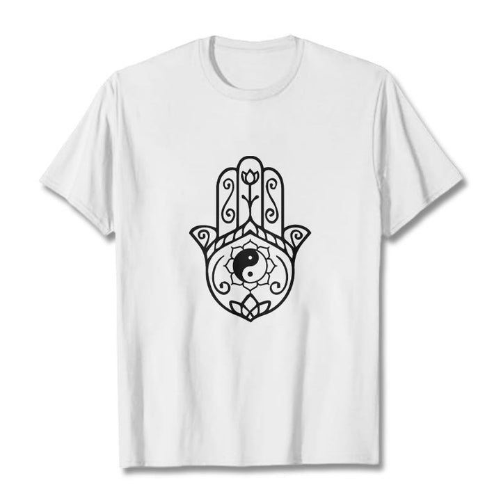 Maglietta in cotone con motivo Yin Yang e mano di Hamsa con Buddha Stones - Bianco - 2XL - image 8