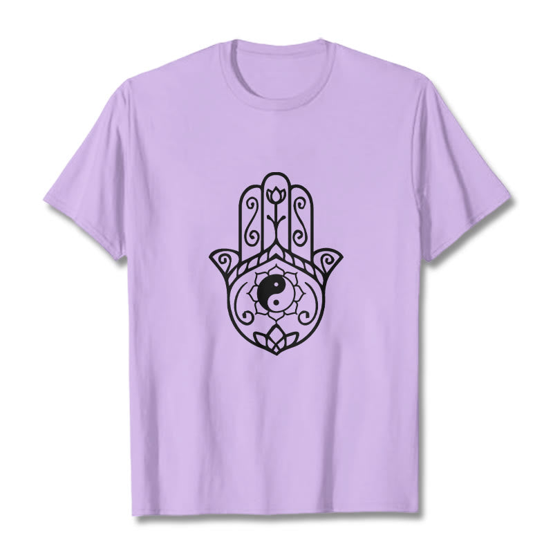 Maglietta in cotone con motivo Yin Yang e mano di Hamsa con Buddha Stones - Prugna - 2XL - image 17