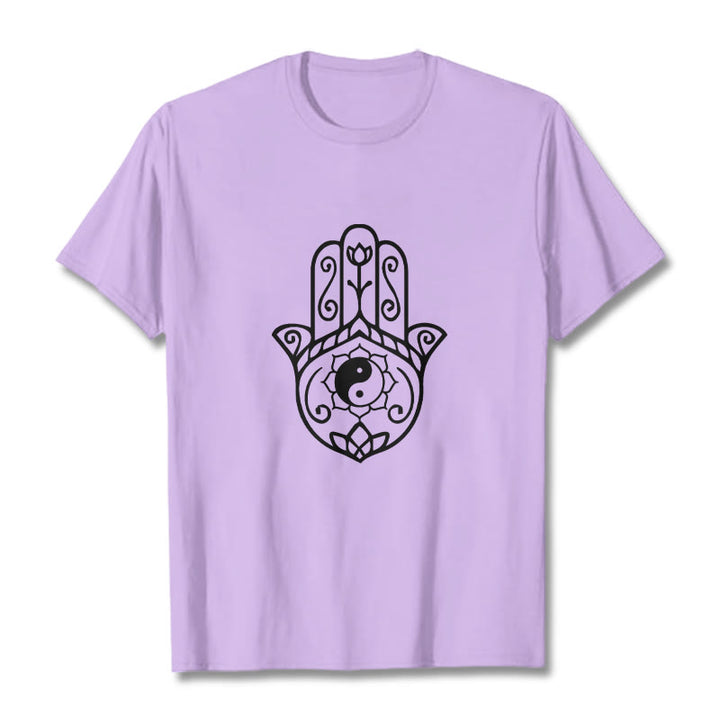 Maglietta in cotone con motivo Yin Yang e mano di Hamsa con Buddha Stones - Prugna - 2XL - image 17
