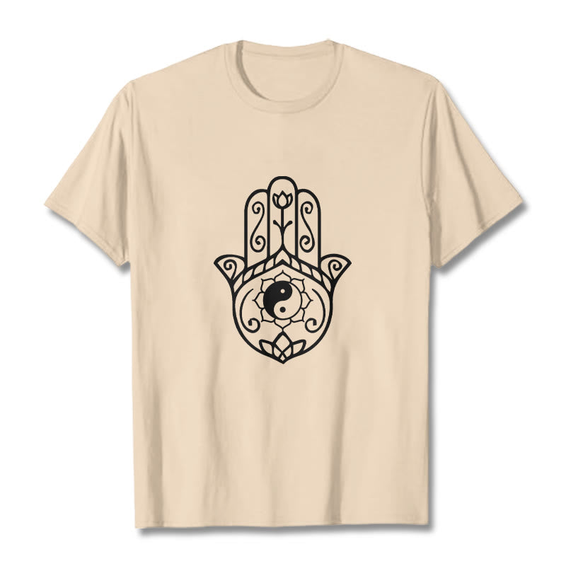 Maglietta in cotone con motivo Yin Yang e mano di Hamsa con Buddha Stones - Biscotto - 2XL - image 11