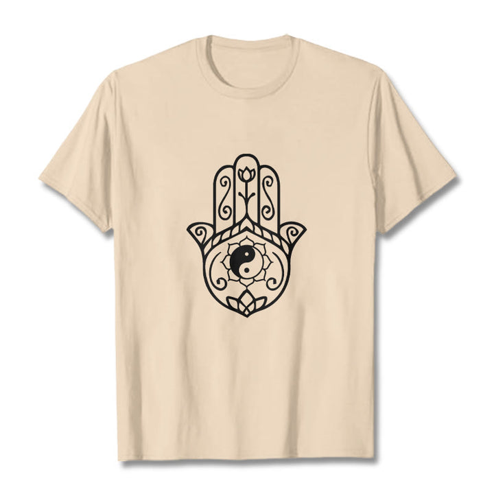 Maglietta in cotone con motivo Yin Yang e mano di Hamsa con Buddha Stones - Biscotto - 2XL - image 11