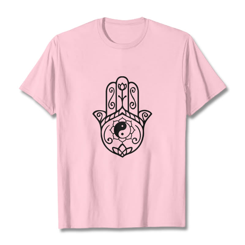 Maglietta in cotone con motivo Yin Yang e mano di Hamsa con Buddha Stones - Rosa chiaro - 2XL - image 13