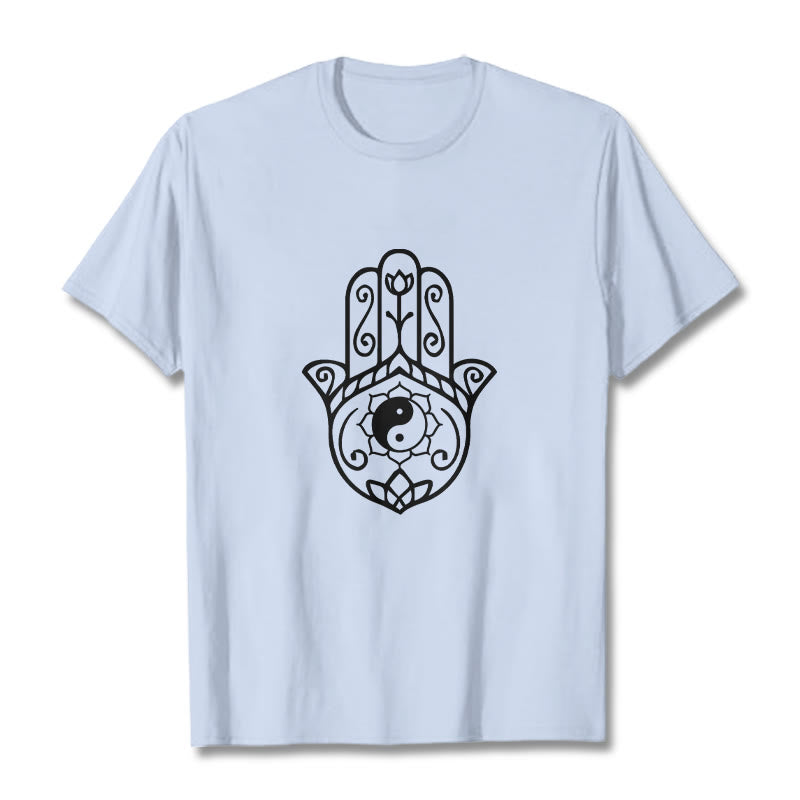 Maglietta in cotone con motivo Yin Yang e mano di Hamsa con Buddha Stones - Ciano chiaro - 2XL - image 19