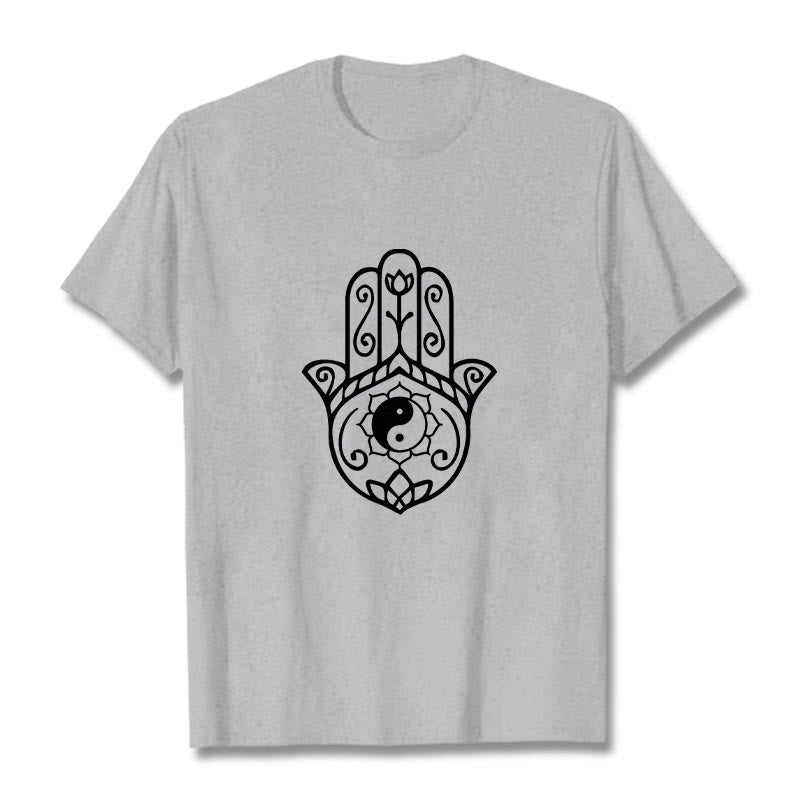 Maglietta in cotone con motivo Yin Yang e mano di Hamsa con Buddha Stones - Grigio chiaro - 2XL - image 20