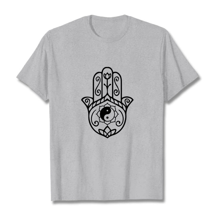 Maglietta in cotone con motivo Yin Yang e mano di Hamsa con Buddha Stones - Grigio chiaro - 2XL - image 20