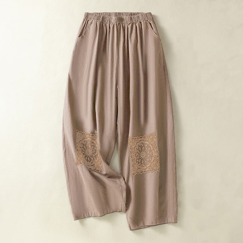Pantaloni harem da donna in cotone e lino con tasche, modello Paisley, stile vintage estivo e casual, con ricamo Buddha Stones - Cioccolato - US8-10, UK/AU12-14, EU40-42 (2XL) - image 0