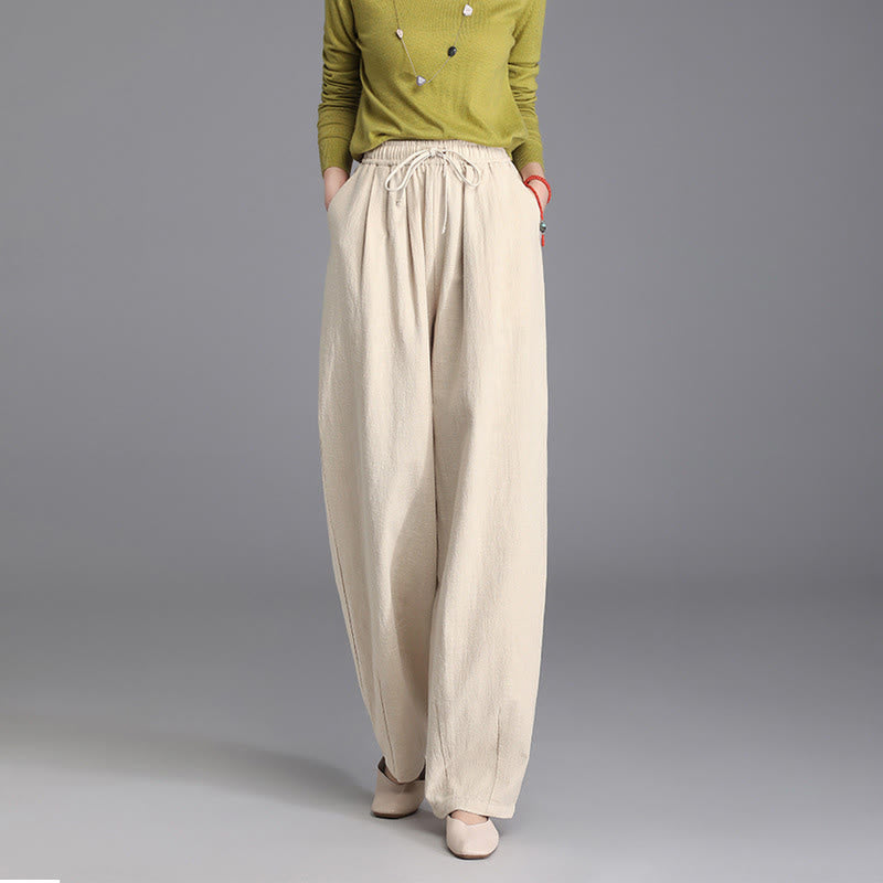 Pantaloni da donna in cotone e lino, casual, vintage, con coulisse, modello carota, con tasche, Buddha Stones - image 1