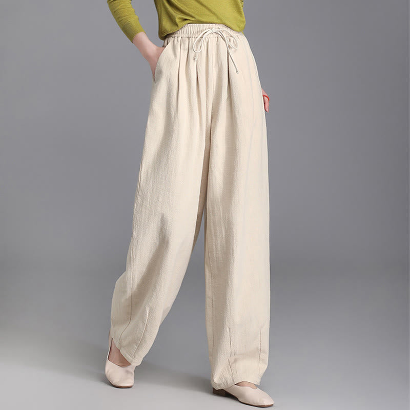 Pantaloni da donna in cotone e lino, casual, vintage, con coulisse, modello carota, con tasche, Buddha Stones - Beige - US6, UK/AU10, EU38 (L) - image 0
