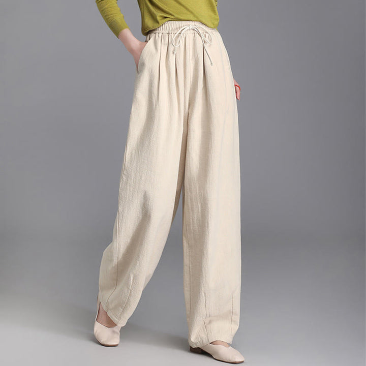 Pantaloni da donna in cotone e lino, casual, vintage, con coulisse, modello carota, con tasche, Buddha Stones - Beige - US6, UK/AU10, EU38 (L) - image 0