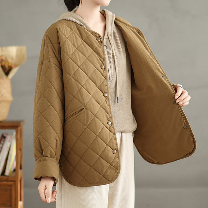 Giacca a maniche lunghe trapuntata a rombi in cotone termico con bottoni e tasche da donna Buddha Stones - image 4