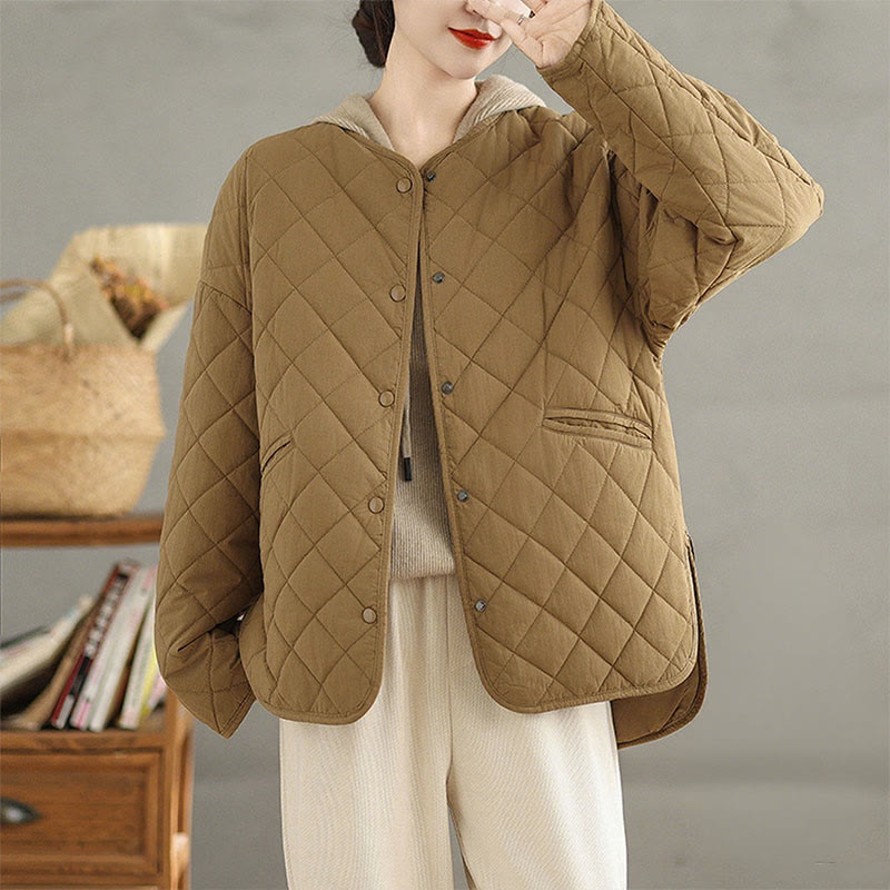 Giacca a maniche lunghe trapuntata a rombi in cotone termico con bottoni e tasche da donna Buddha Stones - Verga d'oro - US14, UK/AU18, EU46 (2XL) - image 0