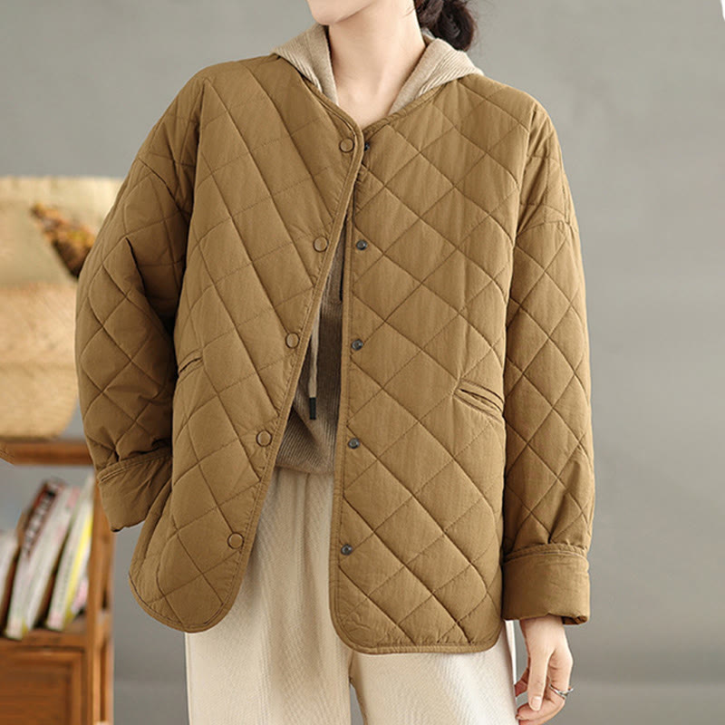 Giacca a maniche lunghe trapuntata a rombi in cotone termico con bottoni e tasche da donna Buddha Stones - image 1