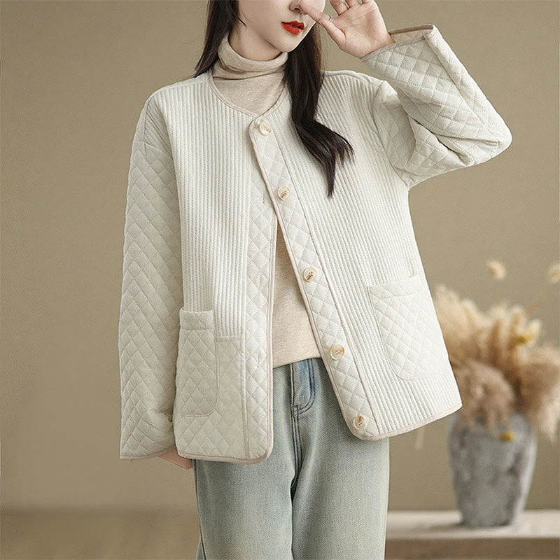 Giacca in cotone a maniche lunghe con tasche, design semplice e bottoni vintage da donna di Buddha Stones - Bianco - US12, UK/AU16, EU44 (2XL) - image 6
