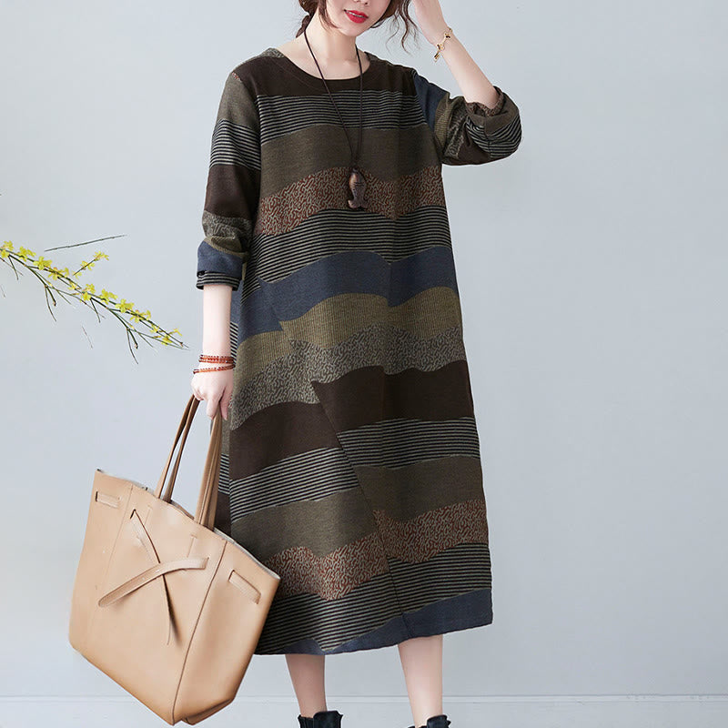 Abito midi in cotone e lino con maniche lunghe, stampa etnica con motivo a righe Buddha Stones, con tasche - image 23