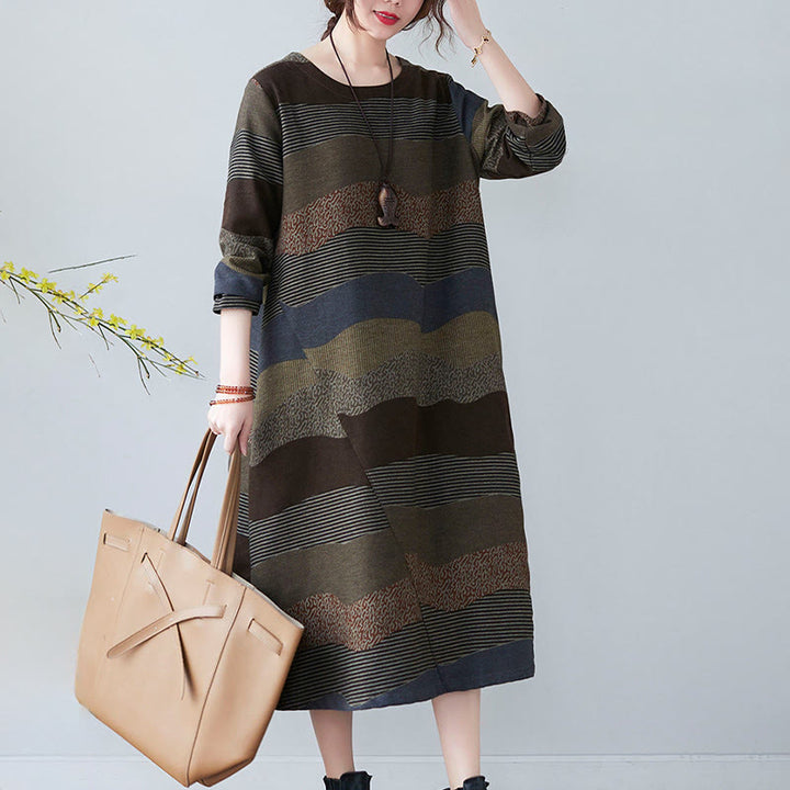 Abito midi in cotone e lino con maniche lunghe, stampa etnica con motivo a righe Buddha Stones, con tasche - image 23
