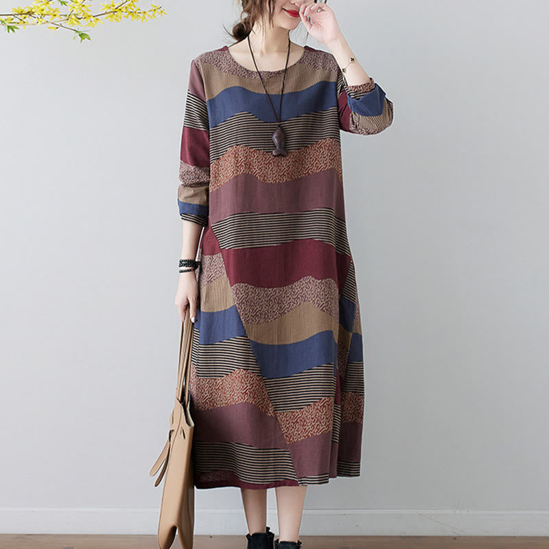 Abito midi in cotone e lino con maniche lunghe, stampa etnica con motivo a righe Buddha Stones, con tasche - image 9