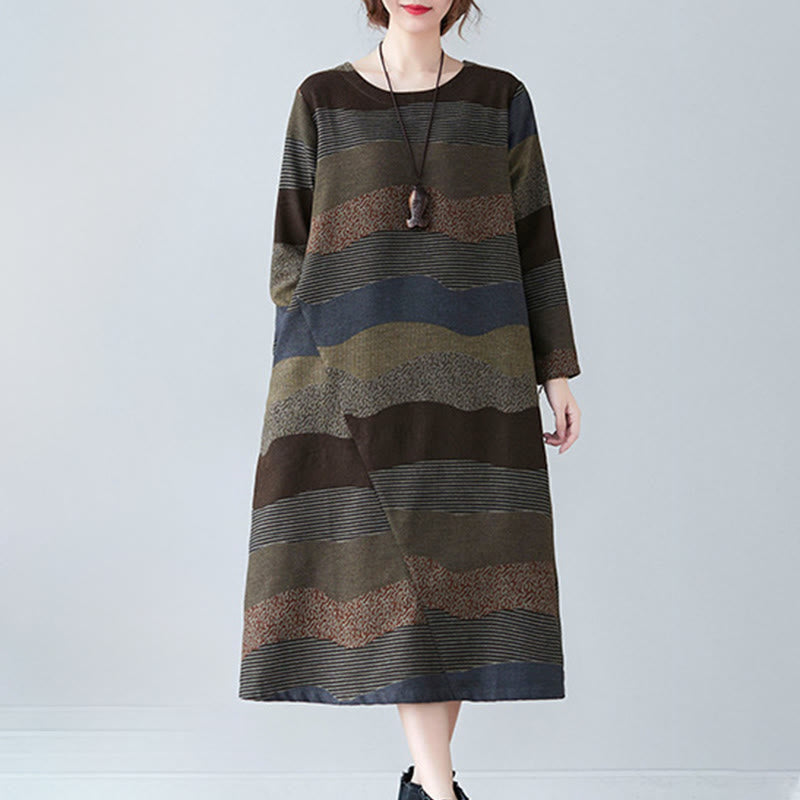 Abito midi in cotone e lino con maniche lunghe, stampa etnica con motivo a righe Buddha Stones, con tasche - image 18
