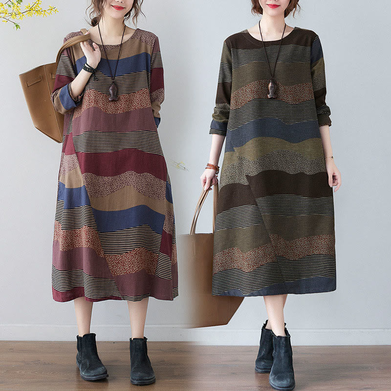 Abito midi in cotone e lino con maniche lunghe, stampa etnica con motivo a righe Buddha Stones, con tasche - image 0