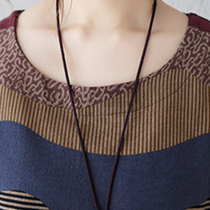 Abito midi in cotone e lino con maniche lunghe, stampa etnica con motivo a righe Buddha Stones, con tasche - image 11