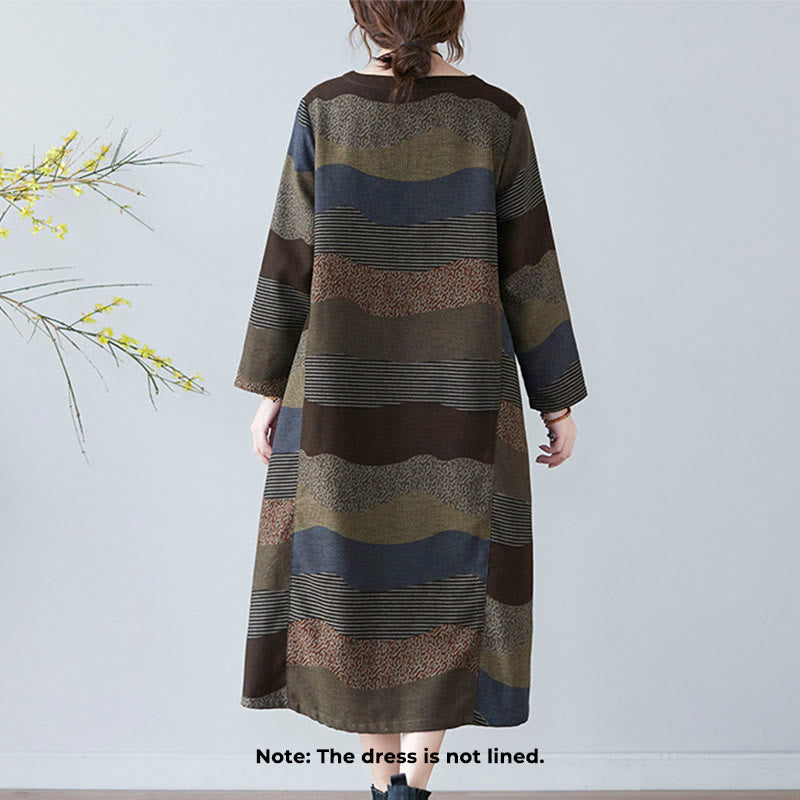 Abito midi in cotone e lino con maniche lunghe, stampa etnica con motivo a righe Buddha Stones, con tasche - image 16