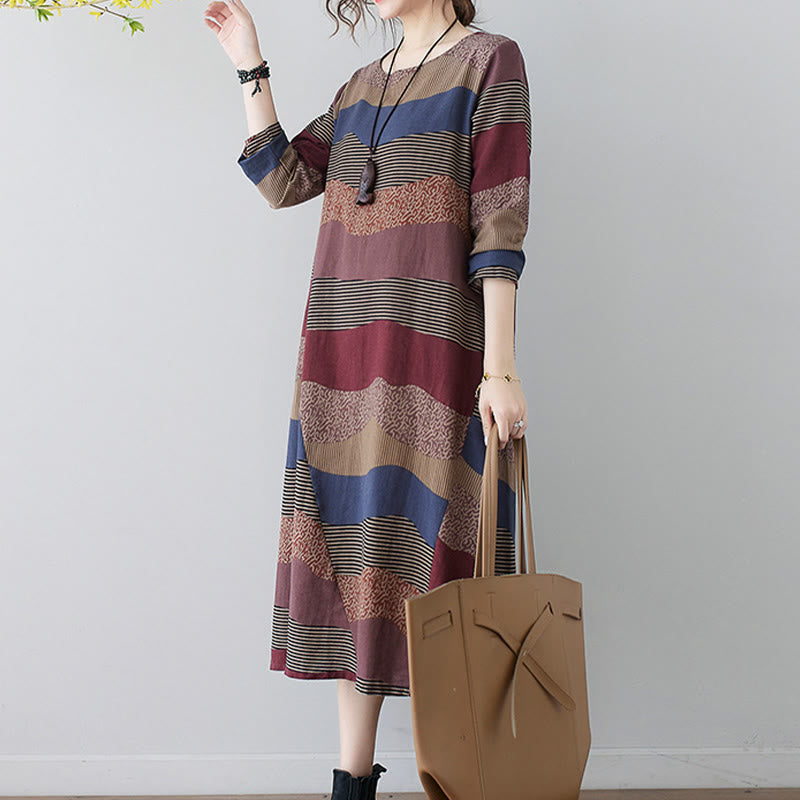 Abito midi in cotone e lino con maniche lunghe, stampa etnica con motivo a righe Buddha Stones, con tasche - image 6