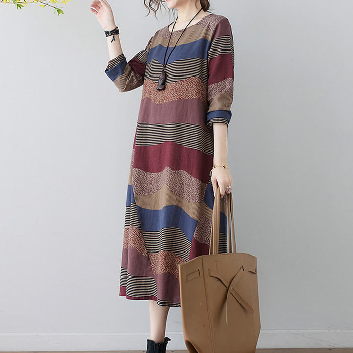 Abito midi in cotone e lino con maniche lunghe, stampa etnica con motivo a righe Buddha Stones, con tasche - image 6