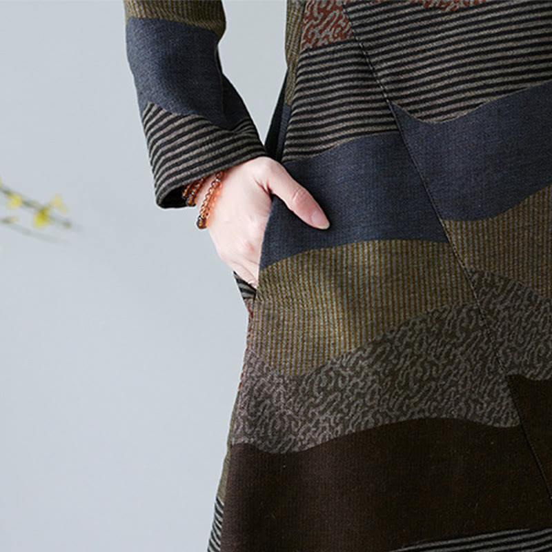 Abito midi in cotone e lino con maniche lunghe, stampa etnica con motivo a righe Buddha Stones, con tasche - image 26