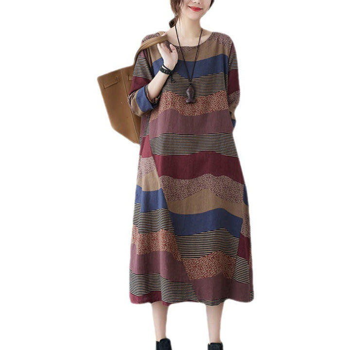 Abito midi in cotone e lino con maniche lunghe, stampa etnica con motivo a righe Buddha Stones, con tasche - image 14