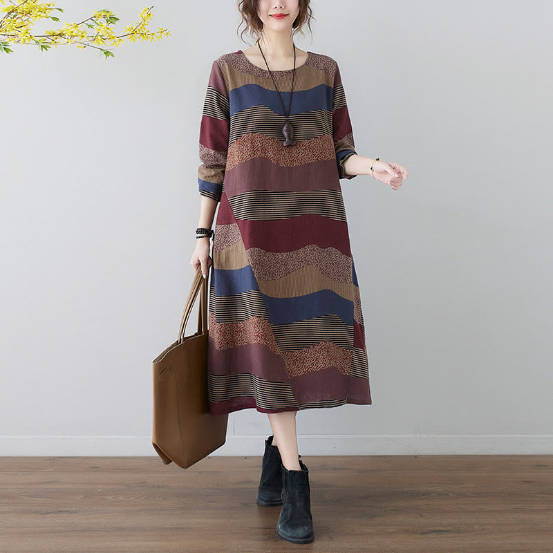 Abito midi in cotone e lino con maniche lunghe, stampa etnica con motivo a righe Buddha Stones, con tasche - Marrone - US8-10, UK/AU12-14, EU40-42 (2XL) - image 1