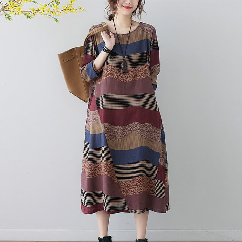 Abito midi in cotone e lino con maniche lunghe, stampa etnica con motivo a righe Buddha Stones, con tasche - image 10