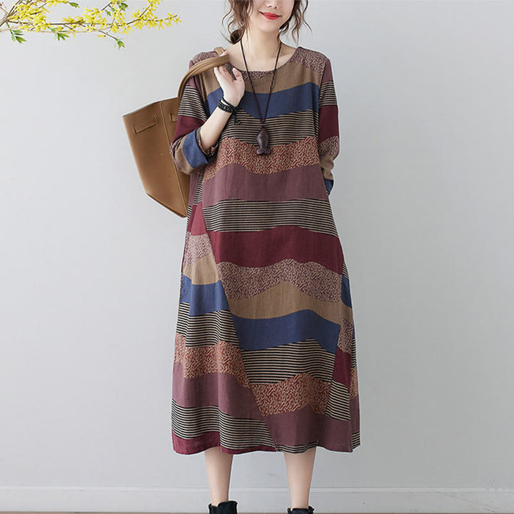 Abito midi in cotone e lino con maniche lunghe, stampa etnica con motivo a righe Buddha Stones, con tasche - image 10