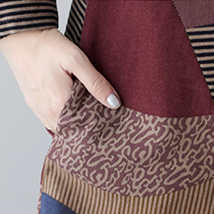Abito midi in cotone e lino con maniche lunghe, stampa etnica con motivo a righe Buddha Stones, con tasche - image 12