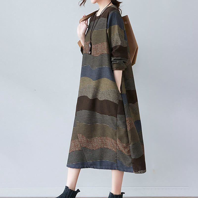 Abito midi in cotone e lino con maniche lunghe, stampa etnica con motivo a righe Buddha Stones, con tasche - image 19