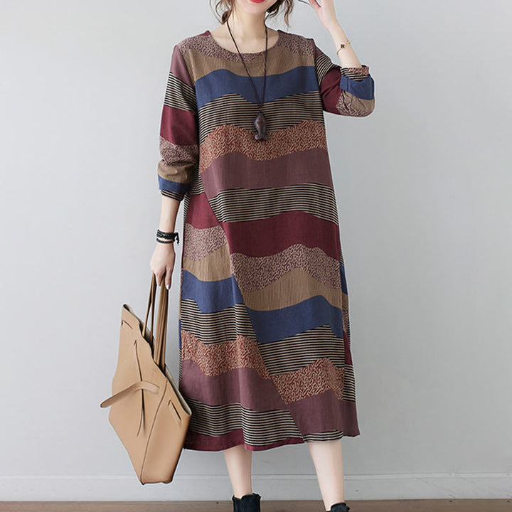 Abito midi in cotone e lino con maniche lunghe, stampa etnica con motivo a righe Buddha Stones, con tasche - image 4