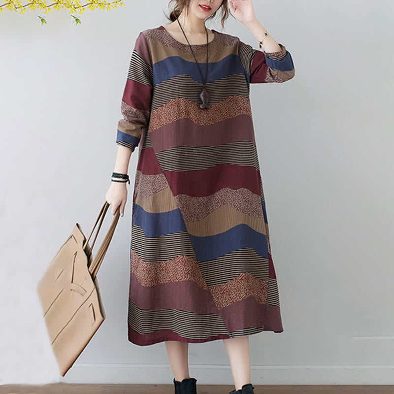 Abito midi in cotone e lino con maniche lunghe, stampa etnica con motivo a righe Buddha Stones, con tasche - image 3