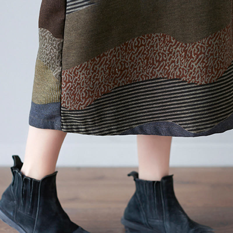 Abito midi in cotone e lino con maniche lunghe, stampa etnica con motivo a righe Buddha Stones, con tasche - image 28