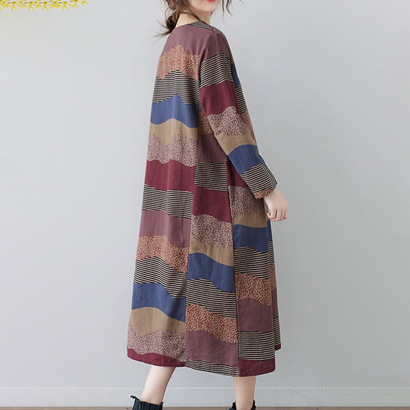 Abito midi in cotone e lino con maniche lunghe, stampa etnica con motivo a righe Buddha Stones, con tasche - image 8