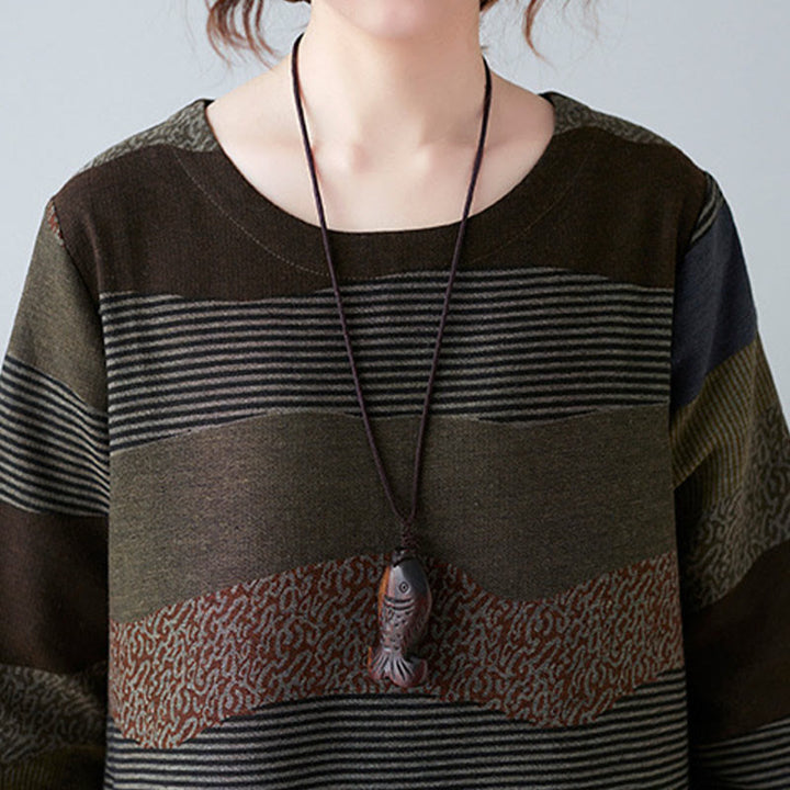 Abito midi in cotone e lino con maniche lunghe, stampa etnica con motivo a righe Buddha Stones, con tasche - image 24