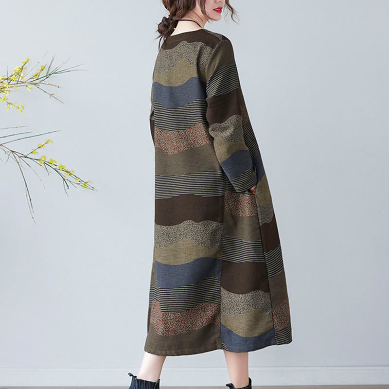 Abito midi in cotone e lino con maniche lunghe, stampa etnica con motivo a righe Buddha Stones, con tasche - image 20
