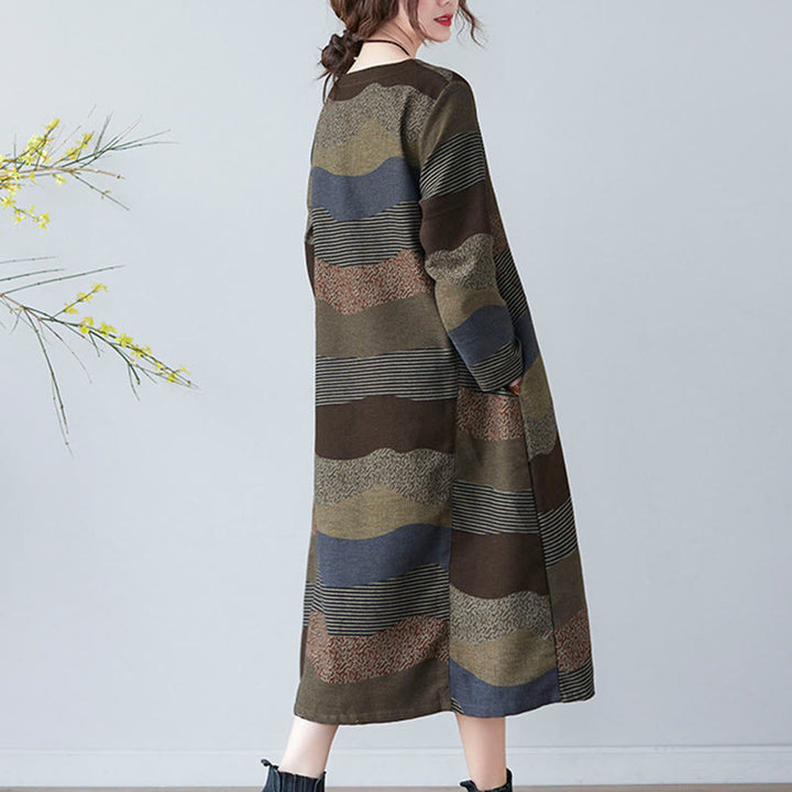 Abito midi in cotone e lino con maniche lunghe, stampa etnica con motivo a righe Buddha Stones, con tasche - image 20
