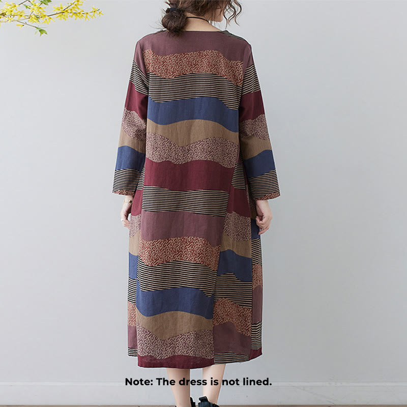 Abito midi in cotone e lino con maniche lunghe, stampa etnica con motivo a righe Buddha Stones, con tasche - image 2
