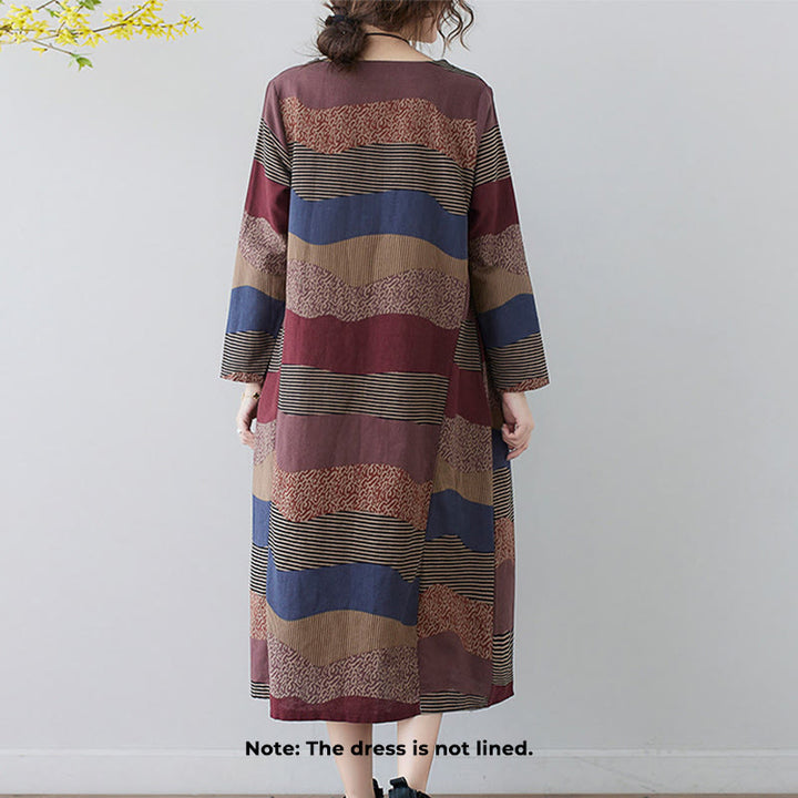 Abito midi in cotone e lino con maniche lunghe, stampa etnica con motivo a righe Buddha Stones, con tasche - image 2