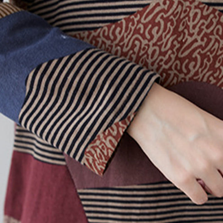 Abito midi in cotone e lino con maniche lunghe, stampa etnica con motivo a righe Buddha Stones, con tasche - image 13