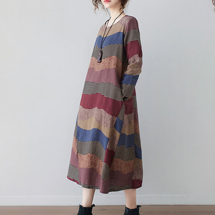 Abito midi in cotone e lino con maniche lunghe, stampa etnica con motivo a righe Buddha Stones, con tasche - image 7