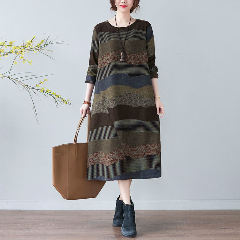 Abito midi in cotone e lino con maniche lunghe, stampa etnica con motivo a righe Buddha Stones, con tasche - Verde oliva scuro - US8-10, UK/AU12-14, EU40-42 (2XL) - image 15