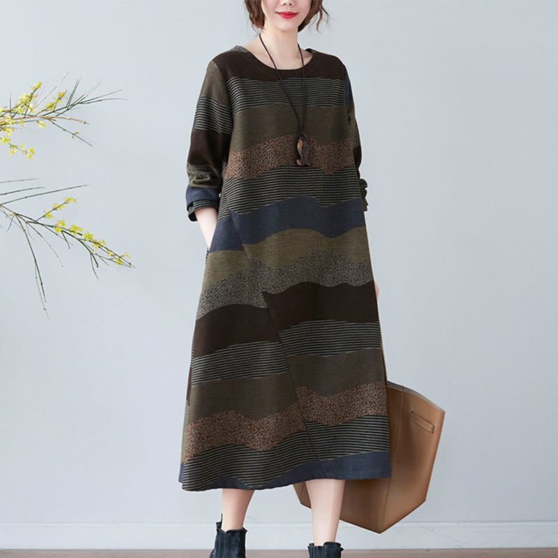 Abito midi in cotone e lino con maniche lunghe, stampa etnica con motivo a righe Buddha Stones, con tasche - image 22