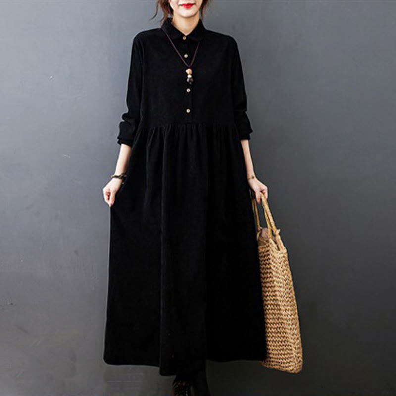 Abito midi in velluto a coste di cotone con maniche lunghe e tasche, motivo Buddha Stones Fall Buttons - Nero - US8-10, UK/AU12-14, EU40-42 (2XL) - image 0