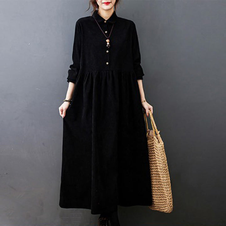 Abito midi in velluto a coste di cotone con maniche lunghe e tasche, motivo Buddha Stones Fall Buttons - Nero - US8-10, UK/AU12-14, EU40-42 (2XL) - image 0