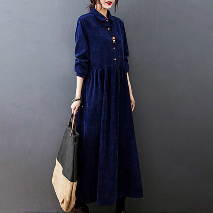 Abito midi in velluto a coste di cotone con maniche lunghe e tasche, motivo Buddha Stones Fall Buttons - image 25